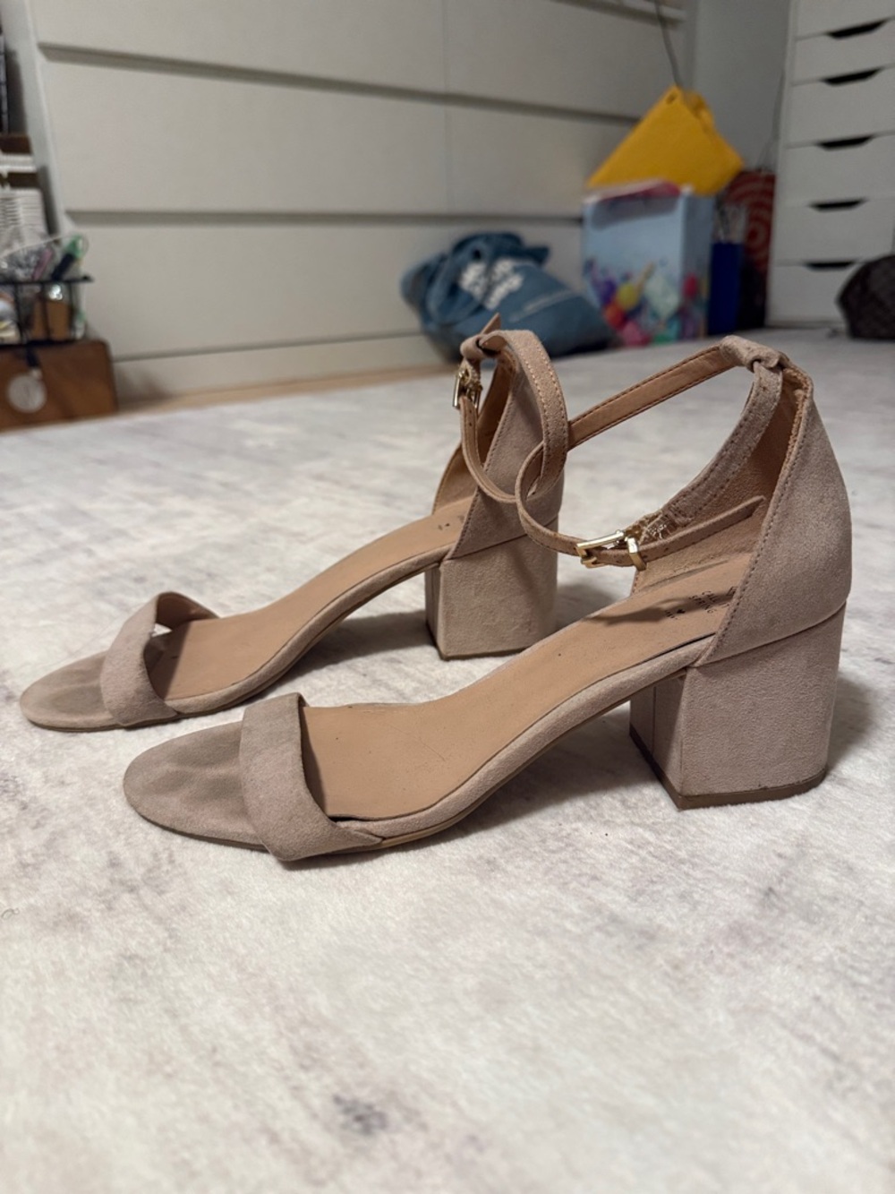 Call It Spring Taupe Suede Block Heel Sandals